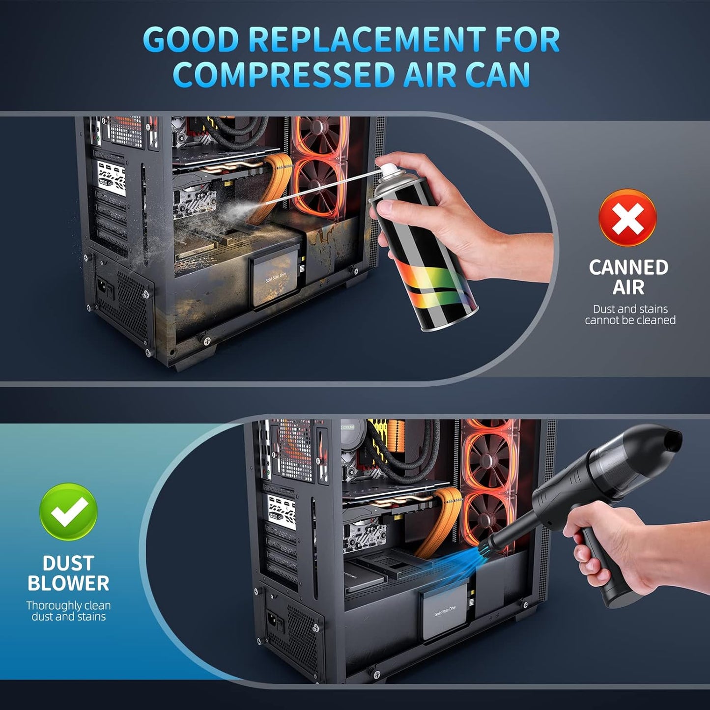 Electric Air Duster & Vacuum Cleaner 2-in-1, 110000RPM Keyboard Cleaner for PC, No Canned Air - Compressed Air Duster, Blower, Turbo Fan, Battery Powered, Refillable, PC Cleaning Kit