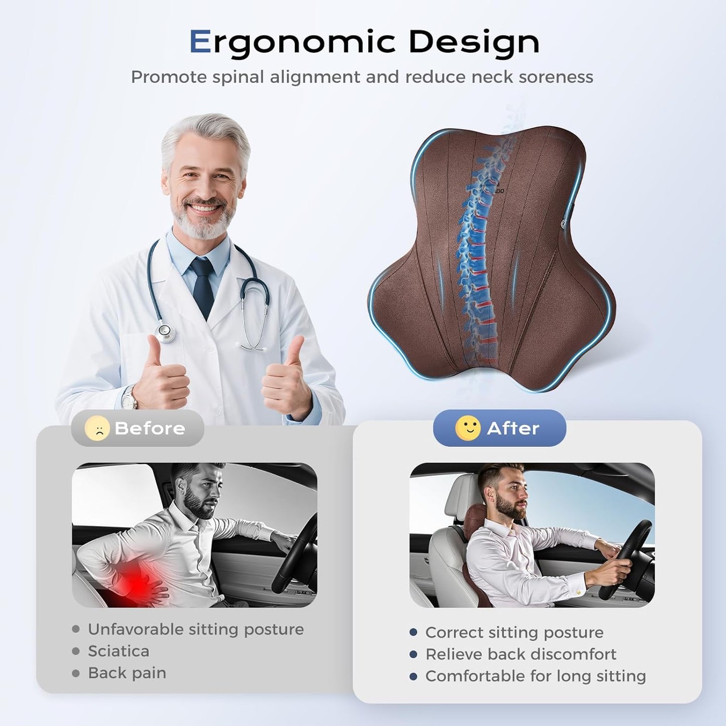 Coverado Car Lumbar Support Pillow and Car Neck Pillow Kit, Ergonomic Design Car Headrest Pillow for Driving, Relax Back Head Muscles Relieve Driving Fatigue, Breathable & Removable Cover, Coffee