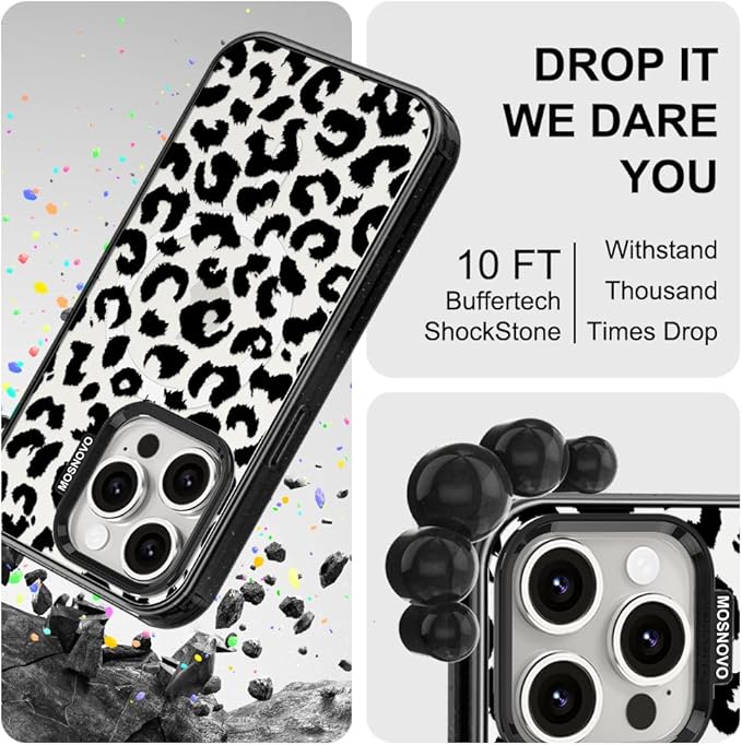 MOSNOVO Magnetic Case for iPhone 15 Pro, 10ft Military-Grade Protection, Compatible with Magsafe, Shockproof Phone Case for iPhone 15 Pro - Black Leopard Print - Clear Black
