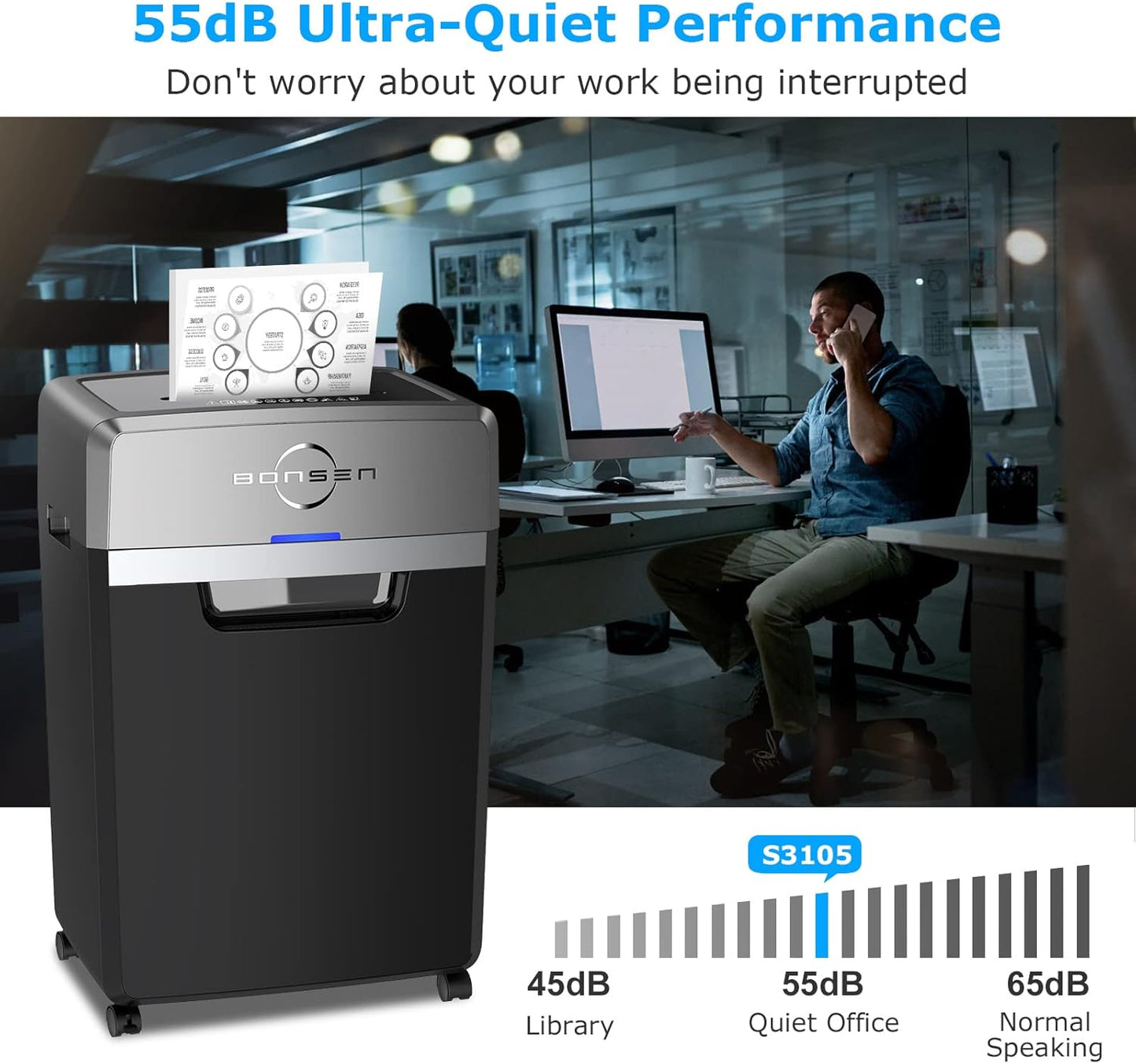 BONSEN Heavy Duty Paper Shredder, 24-Sheet Cross-Cut Shredder, 40-Min Continuous Running Time, Commercial Grade Shredder for Office, 9-Gallon Big Basket, 55dB Super Quiet, P-4 High Security (S3105)