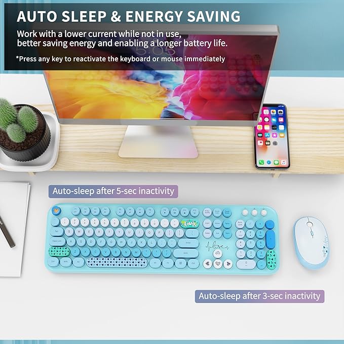 Wireless Keyboard and Mouse Set, 104 Round Keys Full-Size Cute Colorful Keyboard and Mouse with Retro Typewriter for PC/Mac/Laptop/Tablet/Computer/Windows Blue