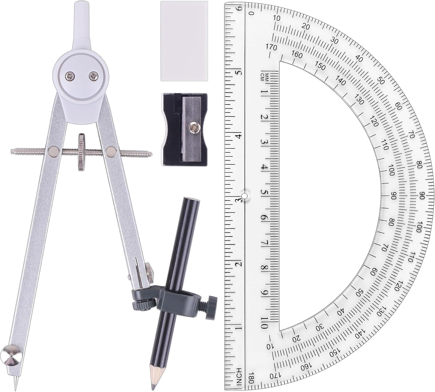 Professional Compass for Geometry Set, Metal Compass with Wheel and Lock for Geometry, Drawing Compass Tool, Circle Drafting Tool, and 6 Inch Math Protractors 180 Degree (Silver)