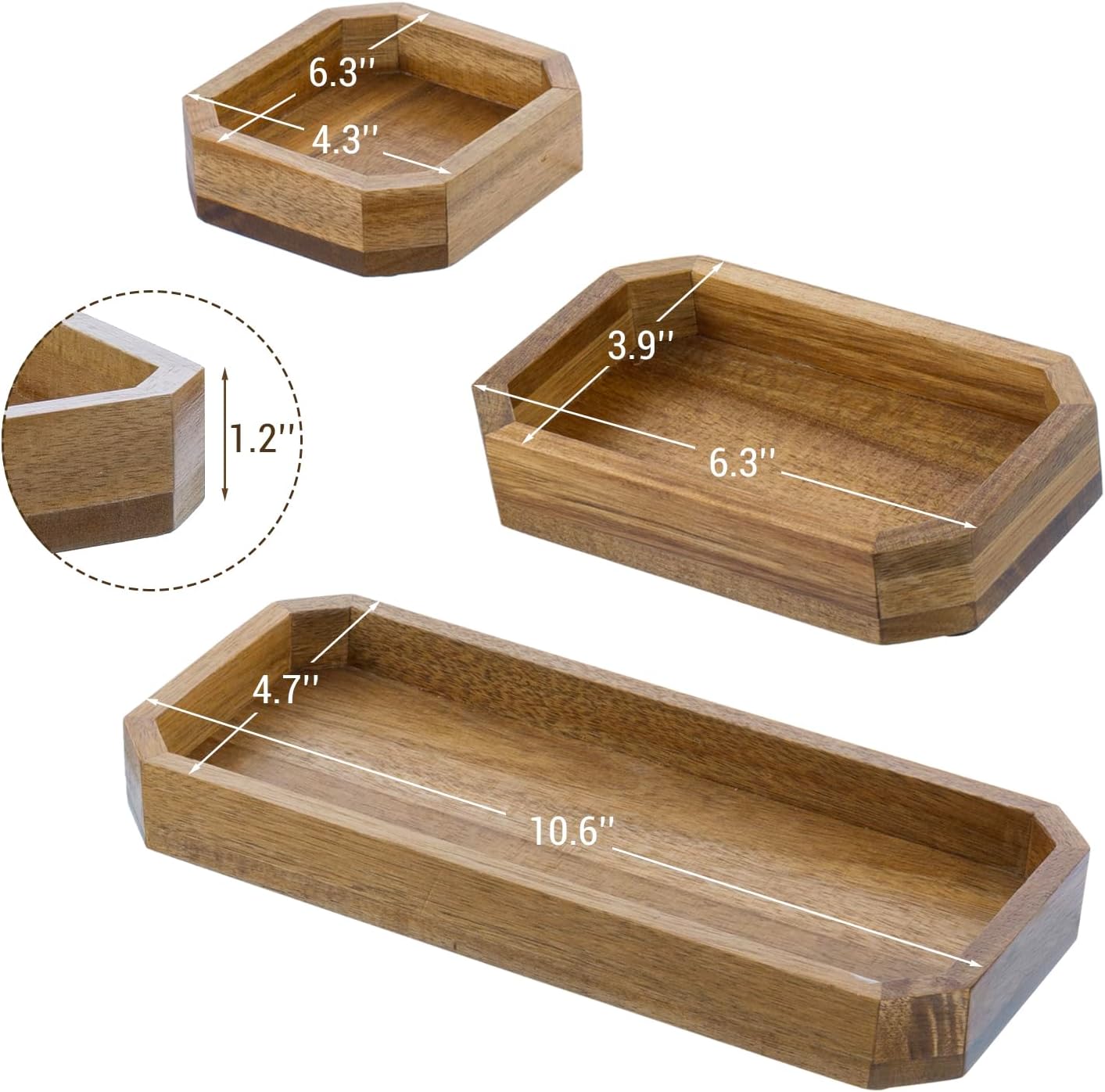 MyGift Premium Solid Acacia Wood Octagonal Desk Organizer Trays Office Stationery Holders, 3 pc Set