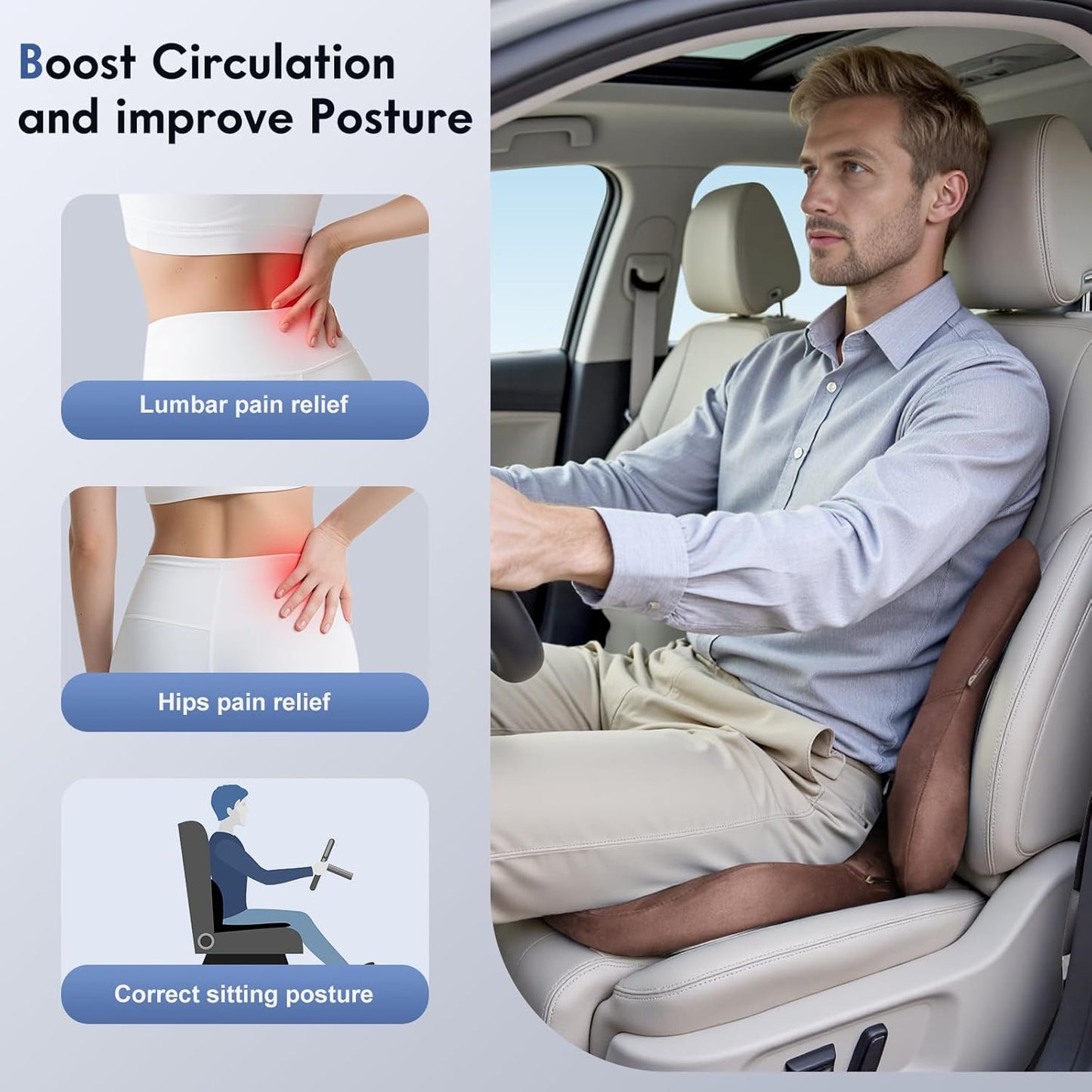 Coverado Memory Foam Car Seat Cushion and Lumbar Support Pillow for Car, Ergonomic Office Chair Cushion for Lower Back Pain Relief, Breathable & Non-Slip for Car, Home, and Office Use, Coffee