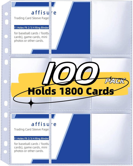 9 Pocket Card Sleeves, Holds 1800 Cards, Trading Card Binder Sleeves, 3 Ring 9 Pocket Pages for Sports Cards, Coupons Cards, 100 Pack, Game