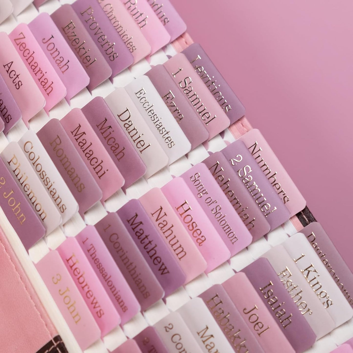 UPAFEXXI-Laminated Bible Tabs for Women and Men (Gold Foil Embossed Lettering) Reposition Large Print tabs, Easy to Read and Apply, 80 Bible Chapters Labels for Easy Navigation(Pink and White)