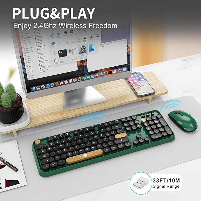 Wireless Keyboard and Mouse Combo, 104 Round Keys Cute Colorful Keyboard and Mouse with Retro Typewriter for PC/Mac/Laptop/Tablet/Computer/Windows Green