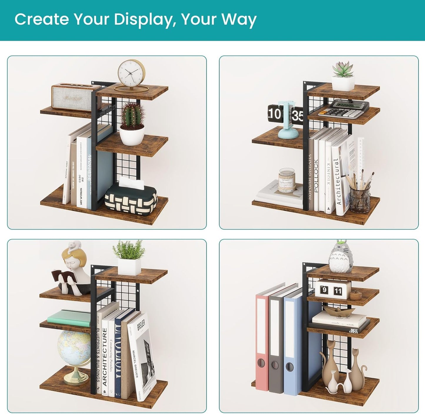 ELITEROO Desktop Shelf Organizer, 4-Tier Wooden Desk Bookshelf, Small Tabletop Book Shelf, Adjustable Display Rack for Home, Office, Dorm, Rustic Brown