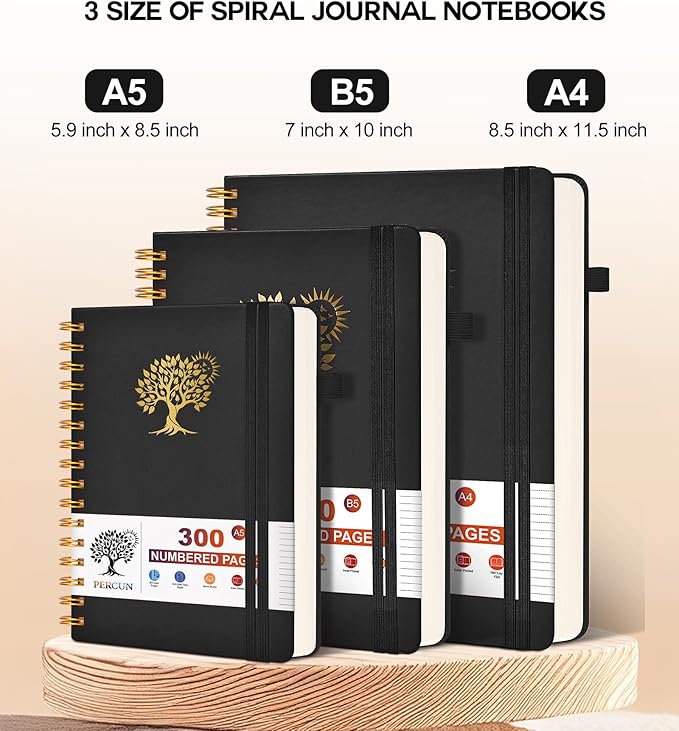 Large Spiral Notebook Journal for Women Men - 300 Numbered Lined Pages, College Ruled,B5 Hardcover Spiral Bound Notebook for School, Work, Note Taking, Writing, Leather Spiral Journal 7"x10"