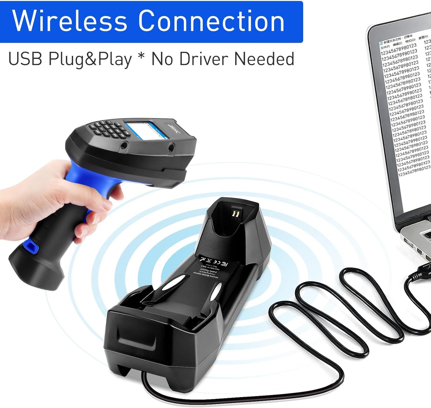 1D 2D Wireless Barcode Scanner with Charging Base Transmission, Inventory Scanner Data Terminal PDT Data Collector 2 in 1 USB Connection & 2.4g Wireless Barcode Reader with 2" Screen