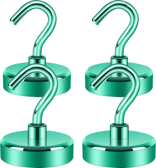 Neosmuk Magnetic Hooks Heavy Duty,Strong Magnet with Hook for Fridge, Super Neodymium Extra Strength Industrial Hooks for Hanging, Magnetic Hanger for Toolbox, Cruise, Grill(Green,4 Pack)