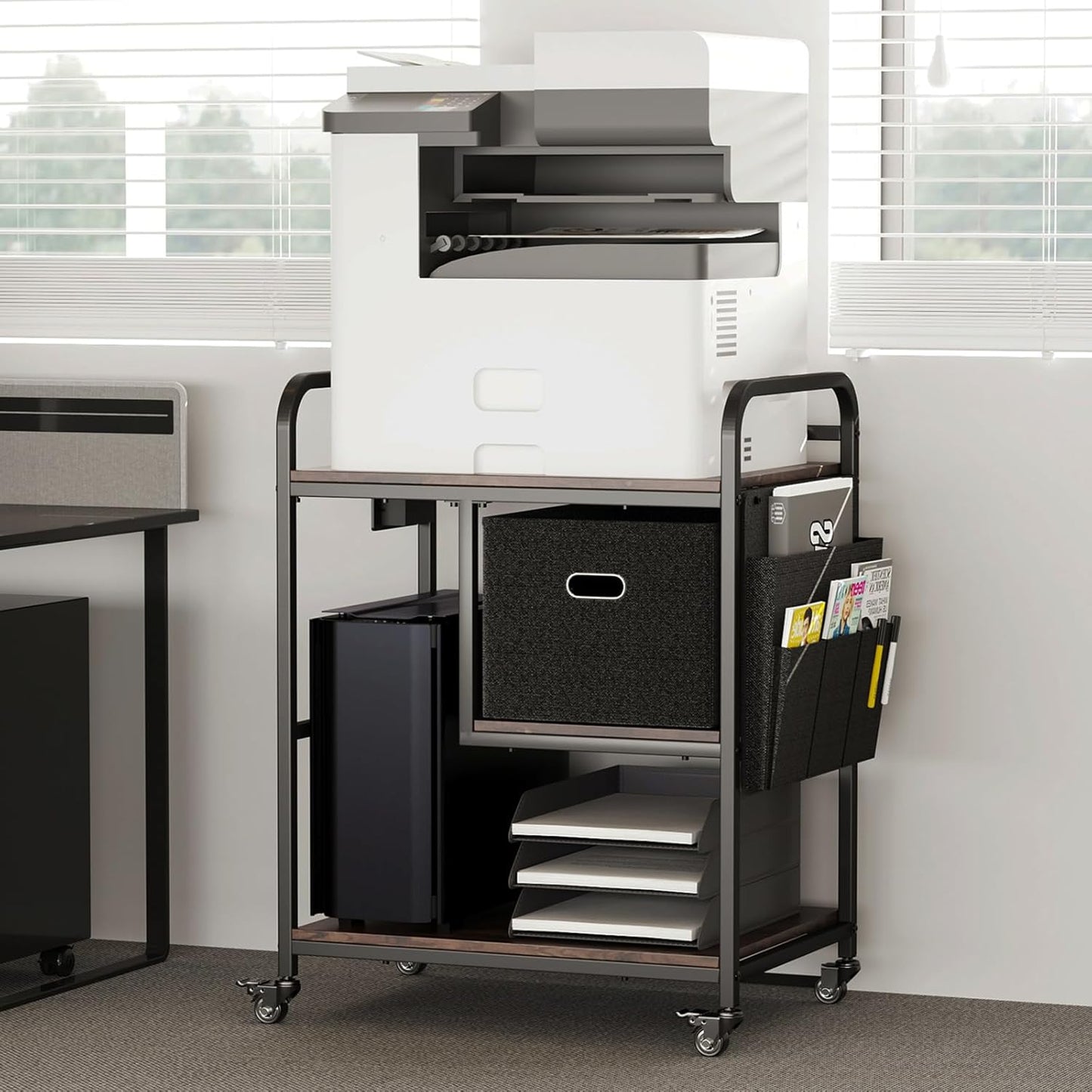 Large Printer Stand with Removable Storage Drawer, Mobile Printer Table with Charging Station for Home Office, Rolling Industrial Printer Cart with Wheels for Scanner Fax PC Tower (Brown)