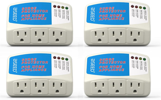BSEED Surge Protector for Home Appliance 3 Outlet Surge Protector for Refrigerator Voltage Protector for TV, PC, PS5, Air-Conditioning and Other Valuable Household Electronic 125V, 1875W, 4 Pack