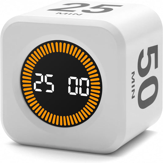 Rotating Productivity Timer 5, 25, 10, 50 Minutes Preset, Desk Cube w/Gravity Sensor for ADHD, Mute Functions, Ideal for Work, Study, Kitchen, Back to School (1, White)