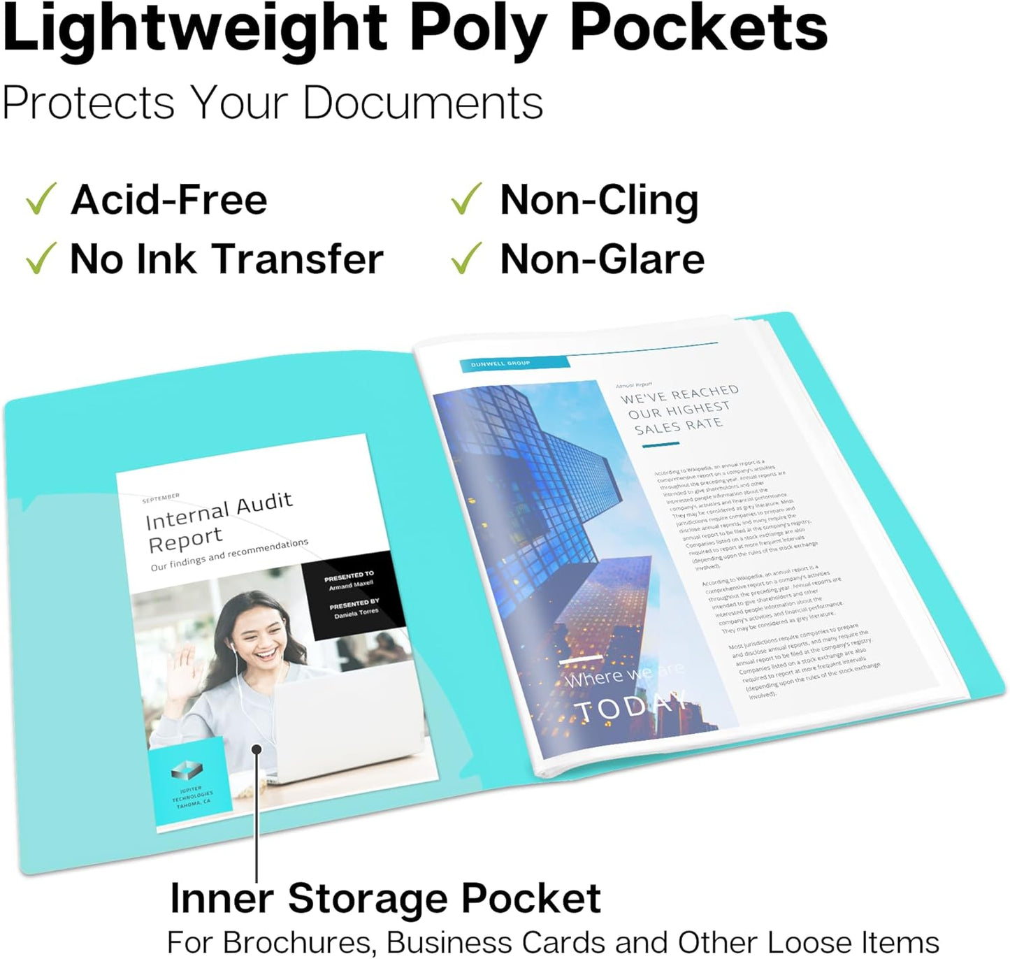 Dunwell Presentation Binder 24-Pocket, Displays 48 Pages, 8.5x11 Portfolio Binder with Plastic Sleeves, Storage and Organizer for Documents, Certificates, Projects, Photos (3 Pack, Aqua)