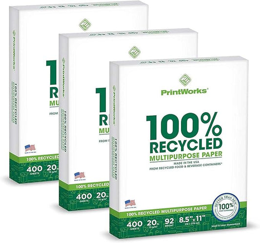 PrintWorks 100% Recycled Printer Paper 8.5" x 11" White - 20 lb Copy & Multipurpose Computer Paper - 3 Packs, 1200 Sheets - Made in the USA - 92 Bright - Printer & Copier Compatible (00018-3)
