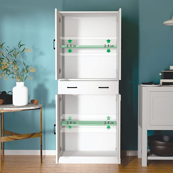 White Kitchen Pantry, 71" Tall Storage Cabinet with Doors and Drawer for Kitchen, Hallway, Office