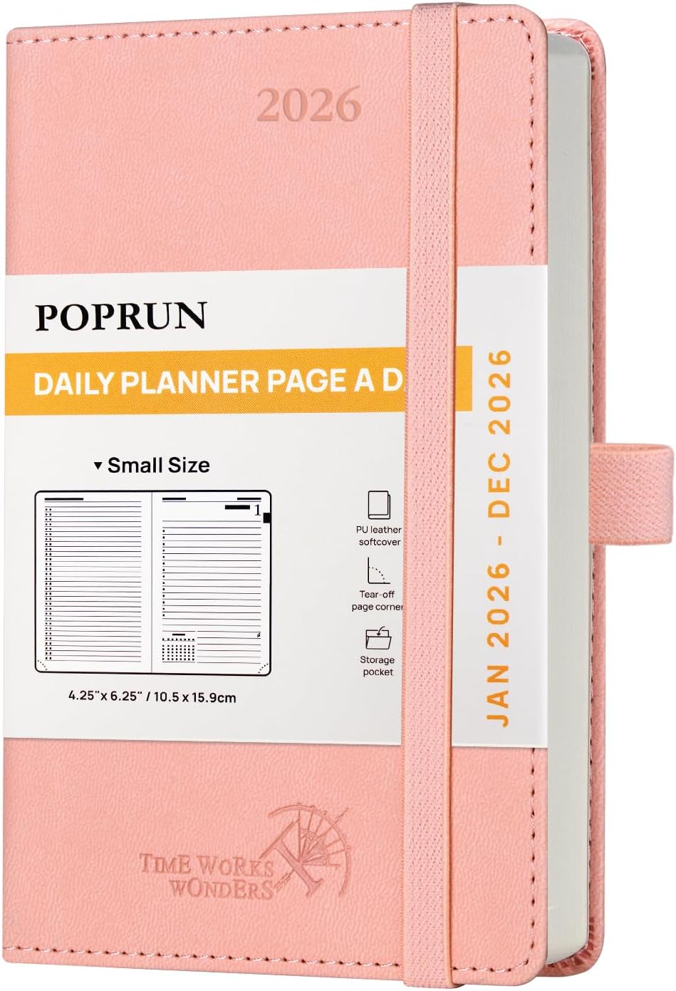 POPRUN Daily Planner 2026 (Jan - Dec), (Purse Size-4.25" x 6.25") 2026 Daily Calendar with One Page Per Day Even Weekends, Hourly Appointment Book with Pocket, PU Leather Softcover - Pink