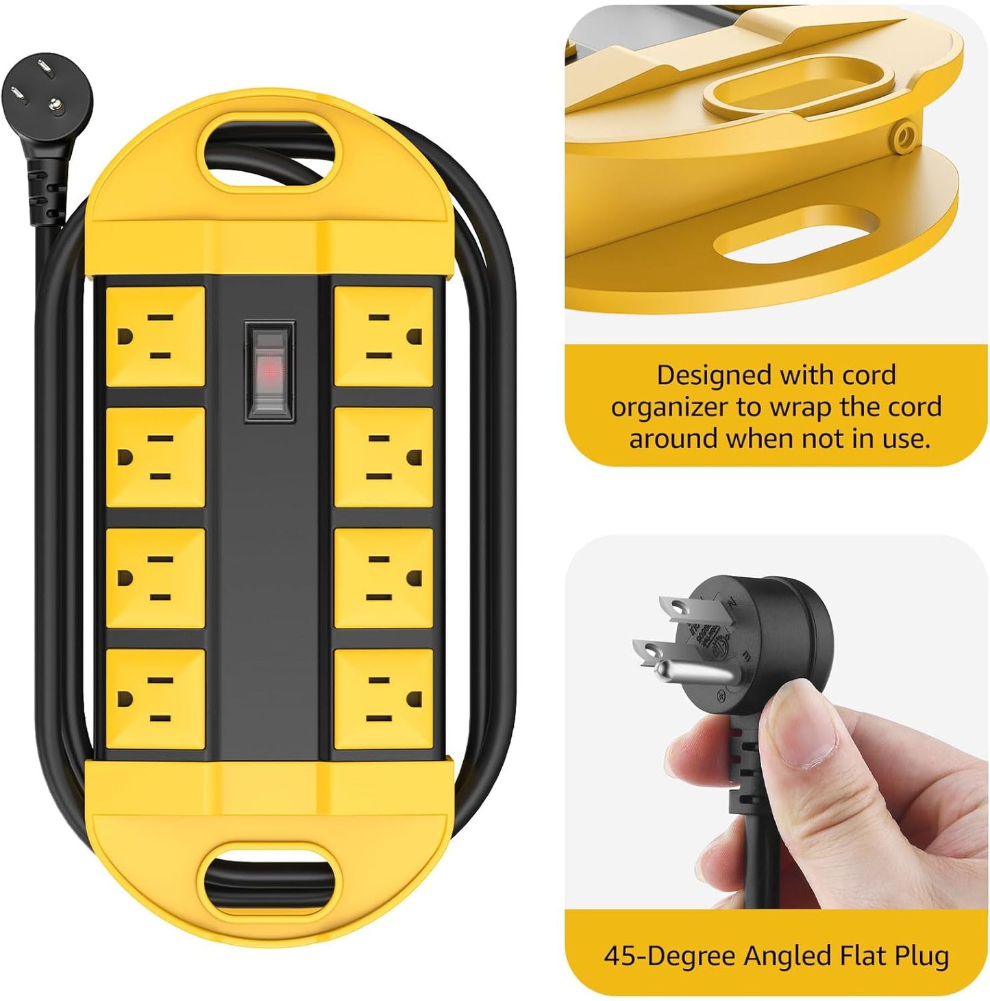 CCCEI Outdoor Power Strip Weatherproof with 8 Plug, Waterproof Extension Cord with Multiple Outlets, Christmas Exterior Garden Yard Surge Protector 25FT, Yellow.
