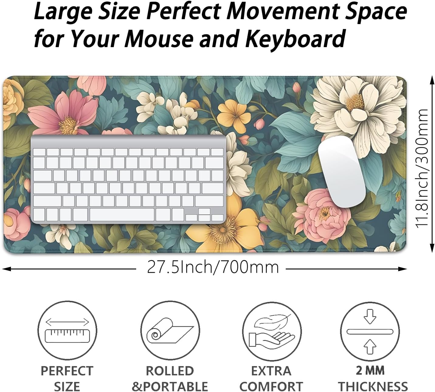 Colorful Flowers Desk Pad Mouse Pad,Large Floral Mouse Mat with Stitched Edges,Non-Slip Rubber Base Mousepad for Office PC Keyboard Laptop and Home Work Desk Mat(27.5X11.8 in)