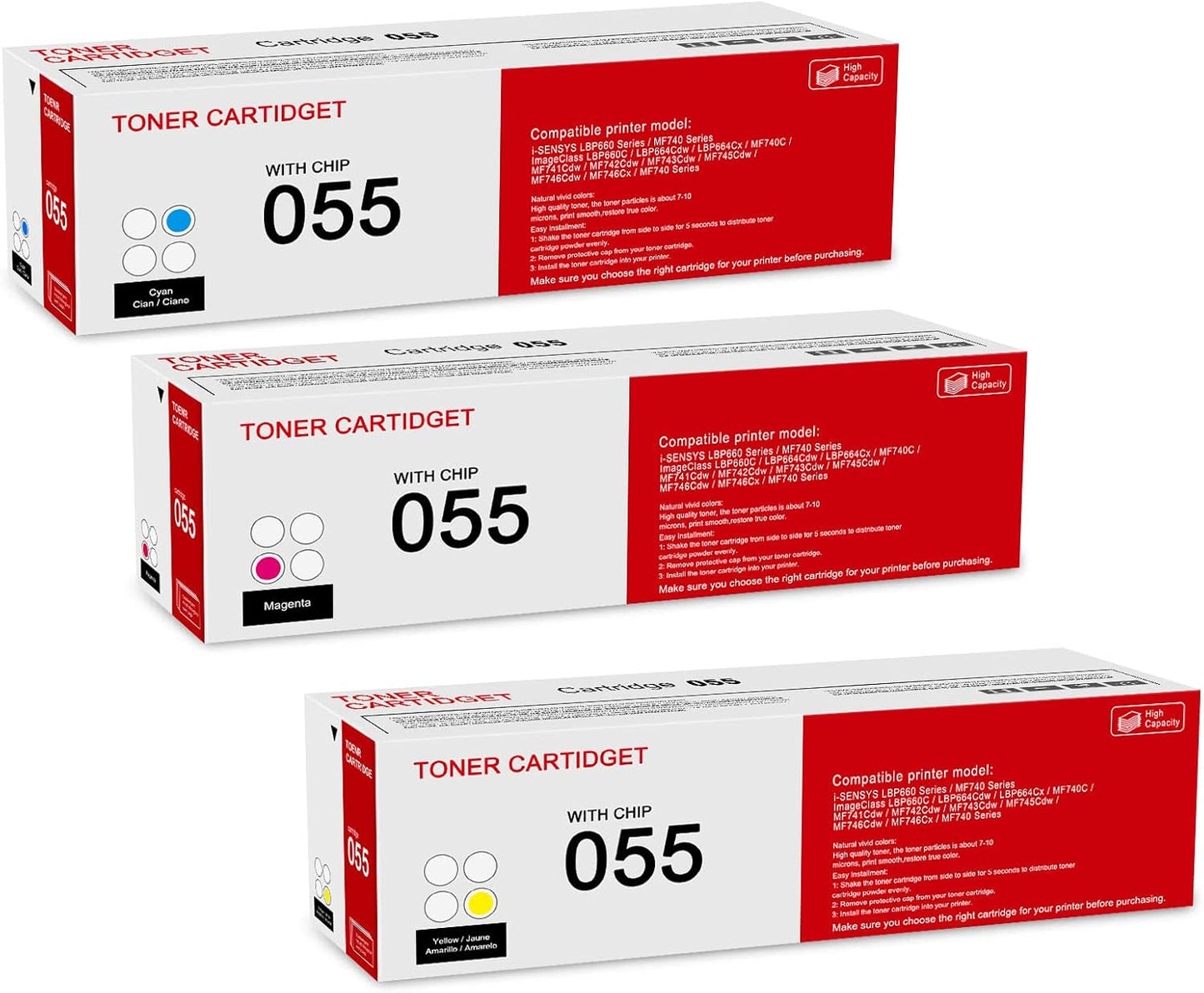 3 Pack 055 C/M/Y Toner Cartridge: Compatible CRG-055 Replacement for Canon i-SENSYS LBP660 MF740 Series ImageClass LBP660C LBP664Cdw LBP664Cx MF740C MF741Cdw MF743Cdw MF746Cdw MF740 Series Printer