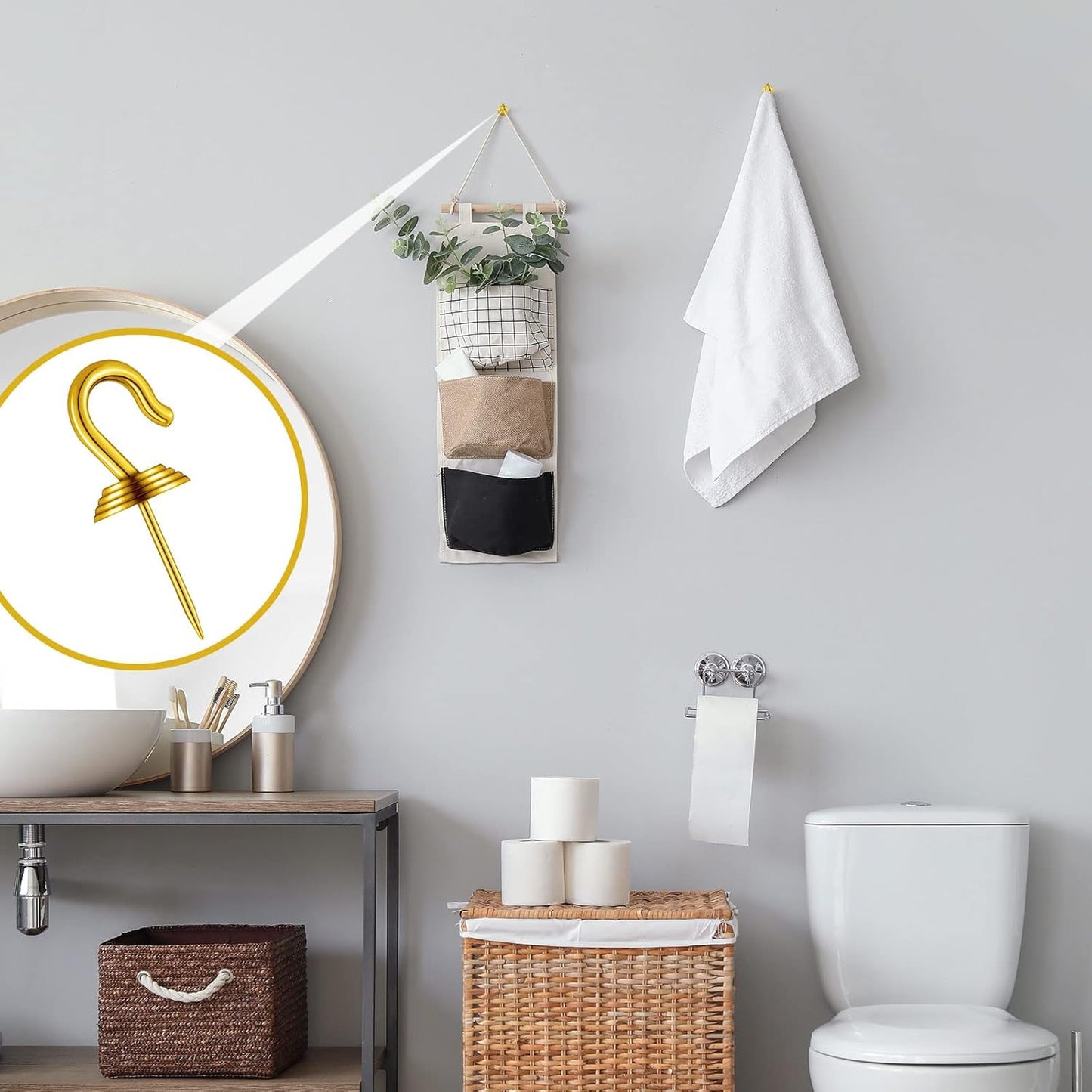 Hotop 30 Pieces Push Pin Wall Hooks Metal Thumb Tack Hangers Iron Alloy Nail Decorative Picture Hooks for 20 Lbs Home Office School Party Supply (Gold)