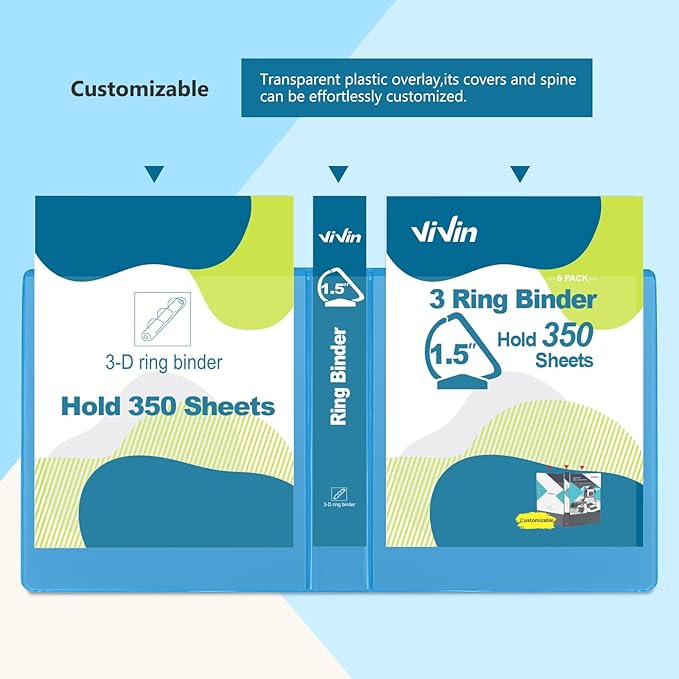 ViVin Sturdy 1.5 Inch 3 Ring Binder with Pockets, Slant-D Ring, PVC-Free, Customizable Clear View Binder,Holds 350 Sheets of 8.5" x 11" Paper, 6 Pack (Light Blue)