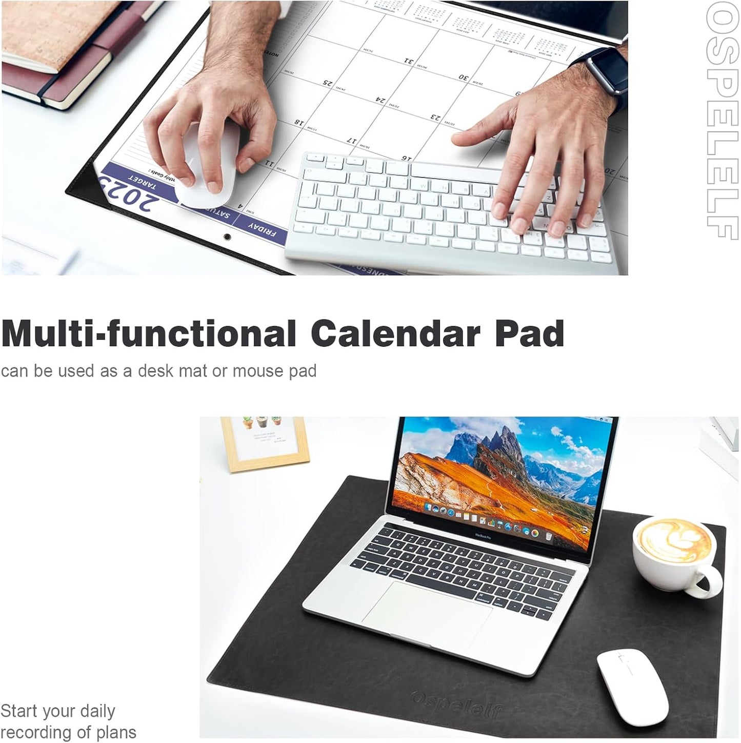 Ospelelf Large Desk Calendar 2025-2026 with Plastic Cover, 18 Months Planner Pad from January 2025 to June 2026, 22" x 17" PU Leather Wall Calendar for Home or Office, Black