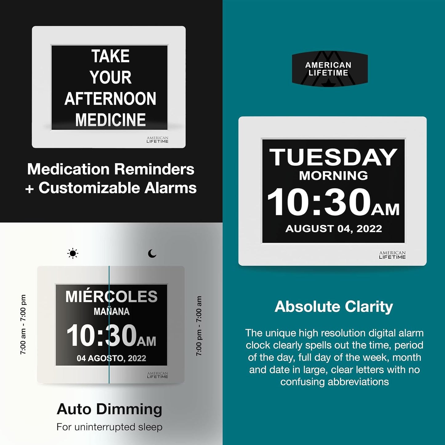 American Lifetime 2024 Dementia Clock, Large Digital Display with Custom Alarms, Day & Date, Winter Blue