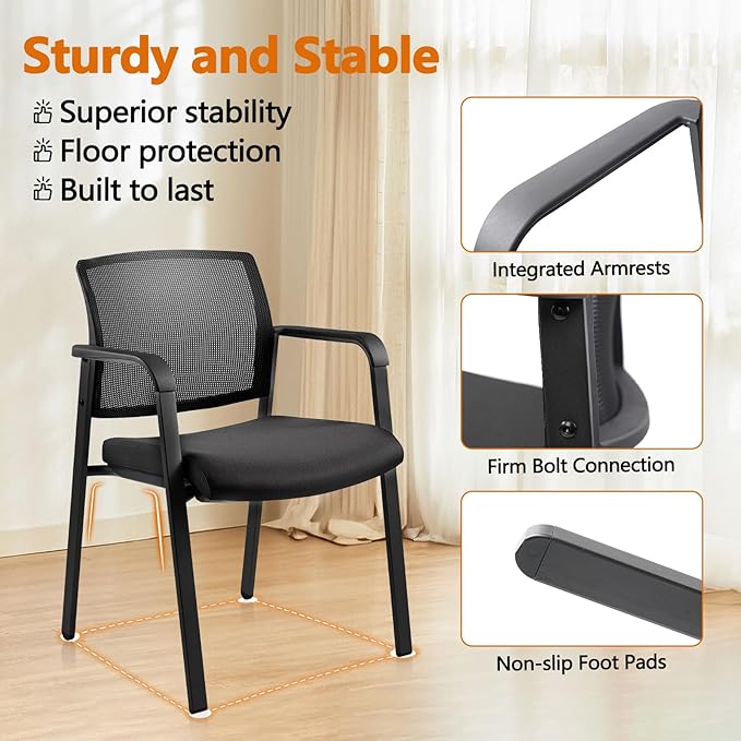 CLATINA Mesh Back Stacking Arm Chairs with Upholstered Fabric Seat and Ergonomic Lumber Support for Office School Church Guest Reception Black
