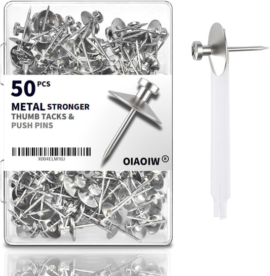 50pcs Silver Thumb Tacks for Wall Picture Hangers Heavy Duty Push pins for Wall Double Headed thumbtacks for Hanging Metal Wall Tacks Wall pins Nails Hooks (Silver)