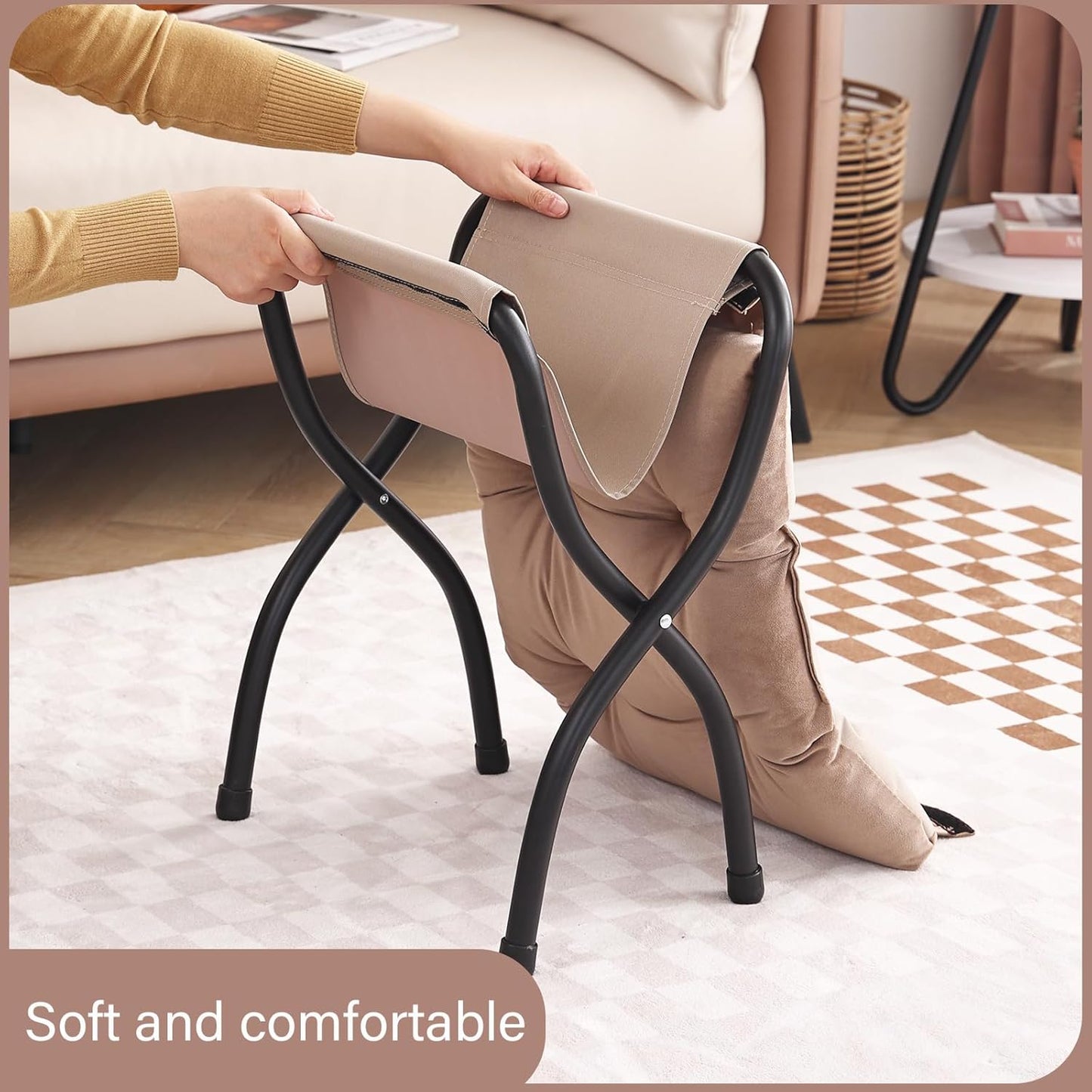 LITA Folding Upholstered Footrest Stool, Modern Small Portable Accent Ottoman with Detachable Thick Cotton Cushion Padded Sofa Stool with Metal Frame for Lazy Chair, Living Room & Bedroom, Khaki