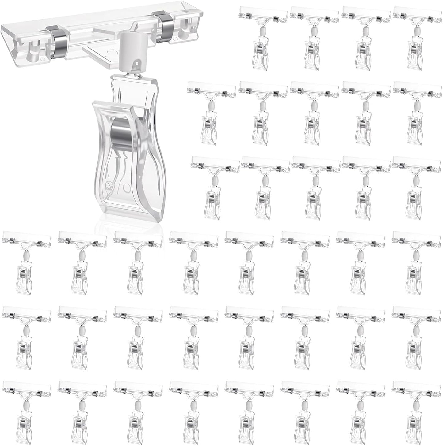 36 Pcs Clear Sign Clips – Double-Sided Rotatable POP Plastic Label Holders for Retail Display, Shelves, Clothing Racks & Price Tags