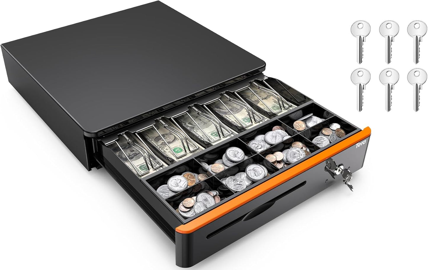 Tera 16 inch Auto Open Cash Drawer with Heavy Duty Insert Tray 5 Bill 8 Coin for POS System Removable Cash Tray Media Slot 24V RJ12 Key-Lock (Round Corner) for Small Business Retail 405R