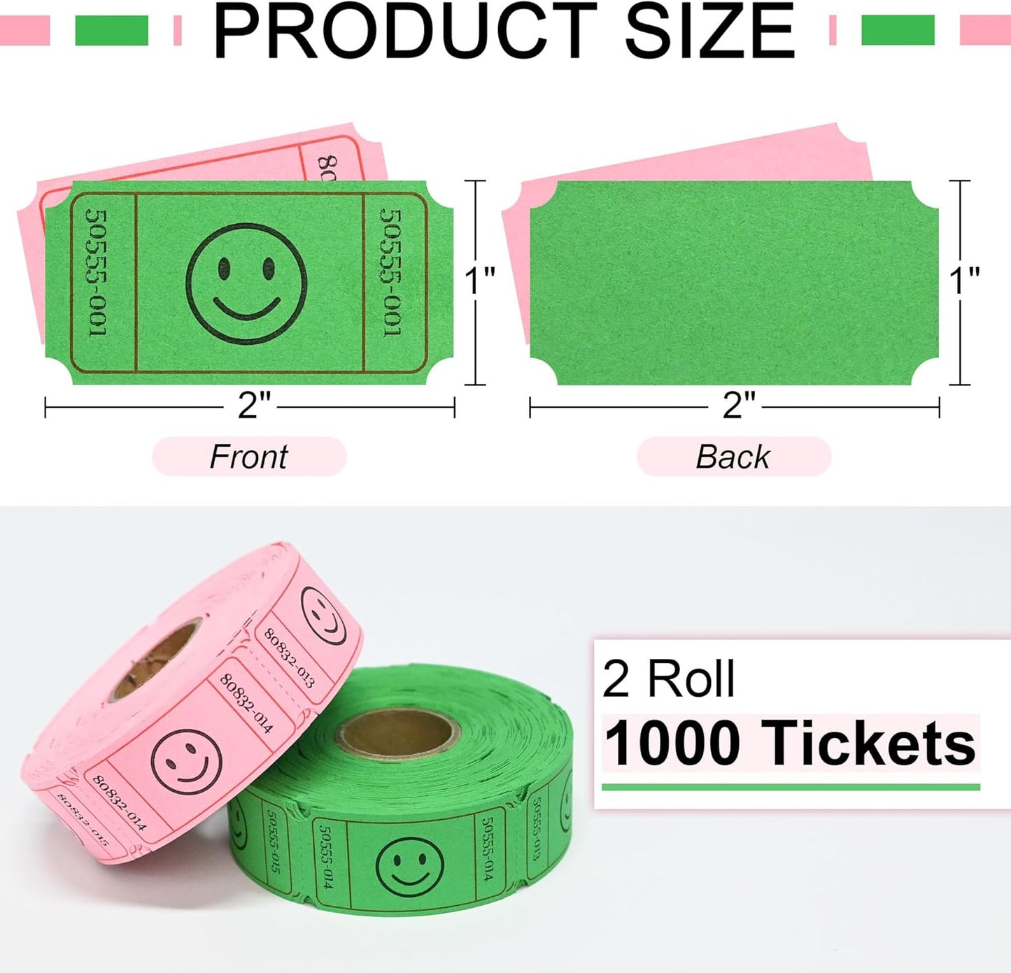 L LIKED 1000 Raffle Tickets, Smile,2 Color Set of 500 1" x 2" Single Roll,Tickets for Raffles, Carnival, Door Prizes and Class Reward - Pink/Green