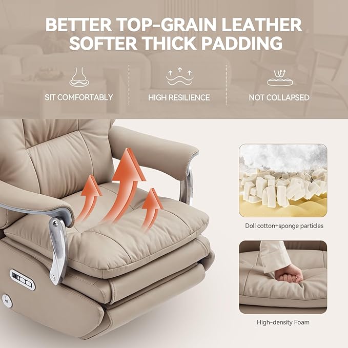 Dual Motor Electric Genuine Leather Executive Office Chair with Foot Rest, Comfortable Reclining Office Chair with Massage, Big and Tall High Back Comfy Ergonomic Home Office Desk Chairs 400lbs, Khaki