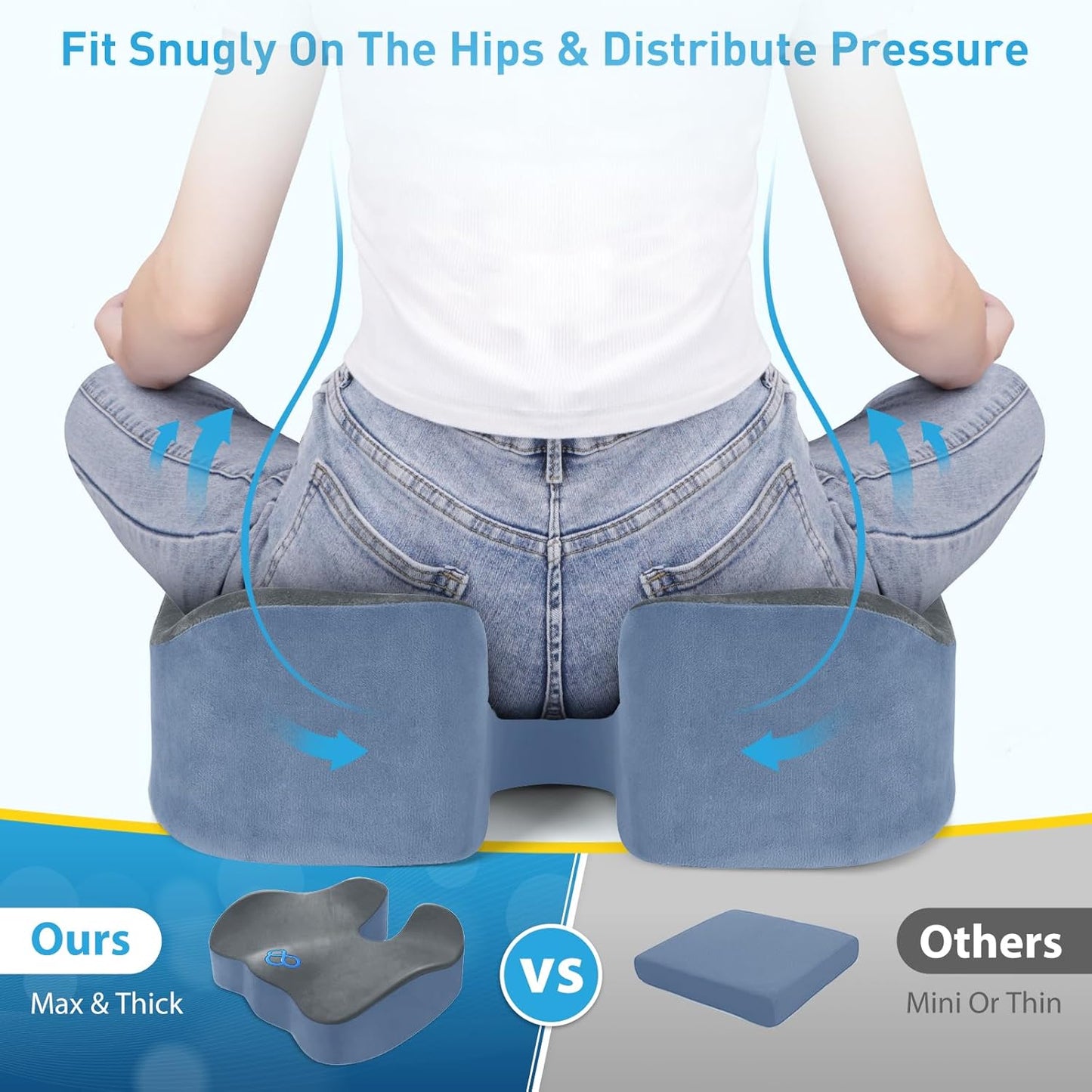 BlissTrends Seat Cushion,5.2in Thick Memory Foam Cushions for Office Chair, Car Seat, Airplane, Relieving Pressure Tailbone Sciatica Back Pain for Long Sitting Office Workers, Car Drivers Gery&Blue