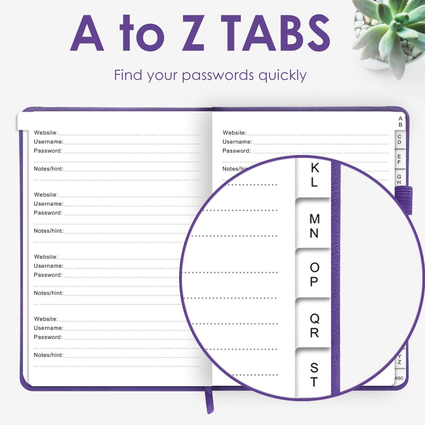 Elegant Password Book with Alphabetical Tabs - Hardcover Password Book for Internet Website Address Login - 7" x 10" Password Keeper and Organizer w/Notes Section & Back Pocket (Violet Purple)