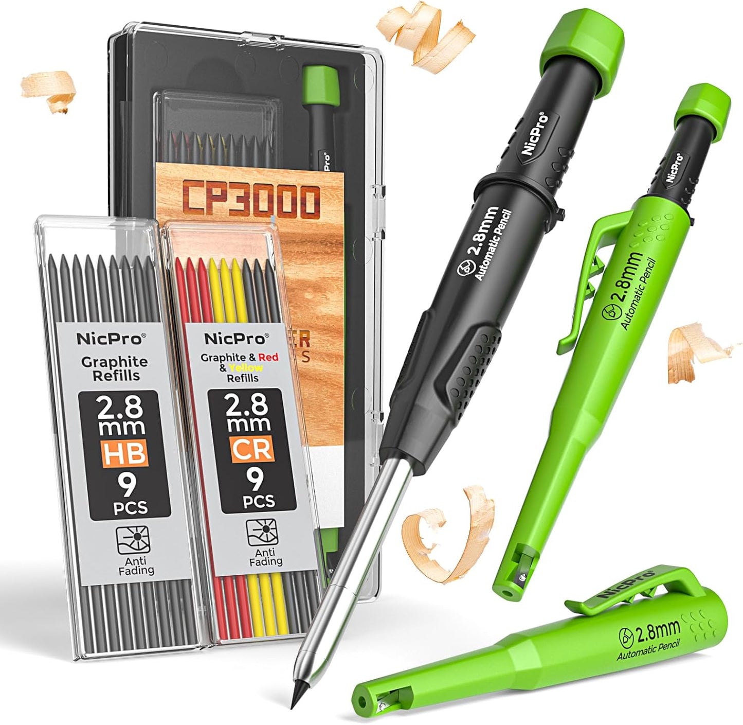 Nicpro Carpenter Pencil with Sharpener, CP3000 Carpenter Mechanical Pencils with 19 Refill, Deep Hole Marker for Construction, Heavy Duty Construction Pencil, Woodworking Tool for Architect Marking