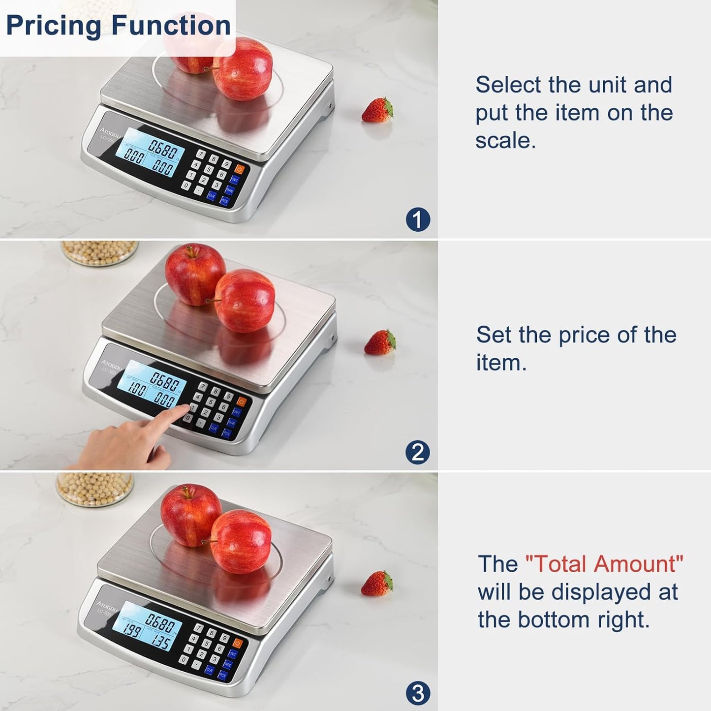 66lb Food Scale, Commercial Kitchen Scale with Price Computing, Plug-in Usable, 0.05oz/1g, 304 Stainless Steel, for Cooking, Vegetables, Farm, Industry, Counting. LC300 Silver