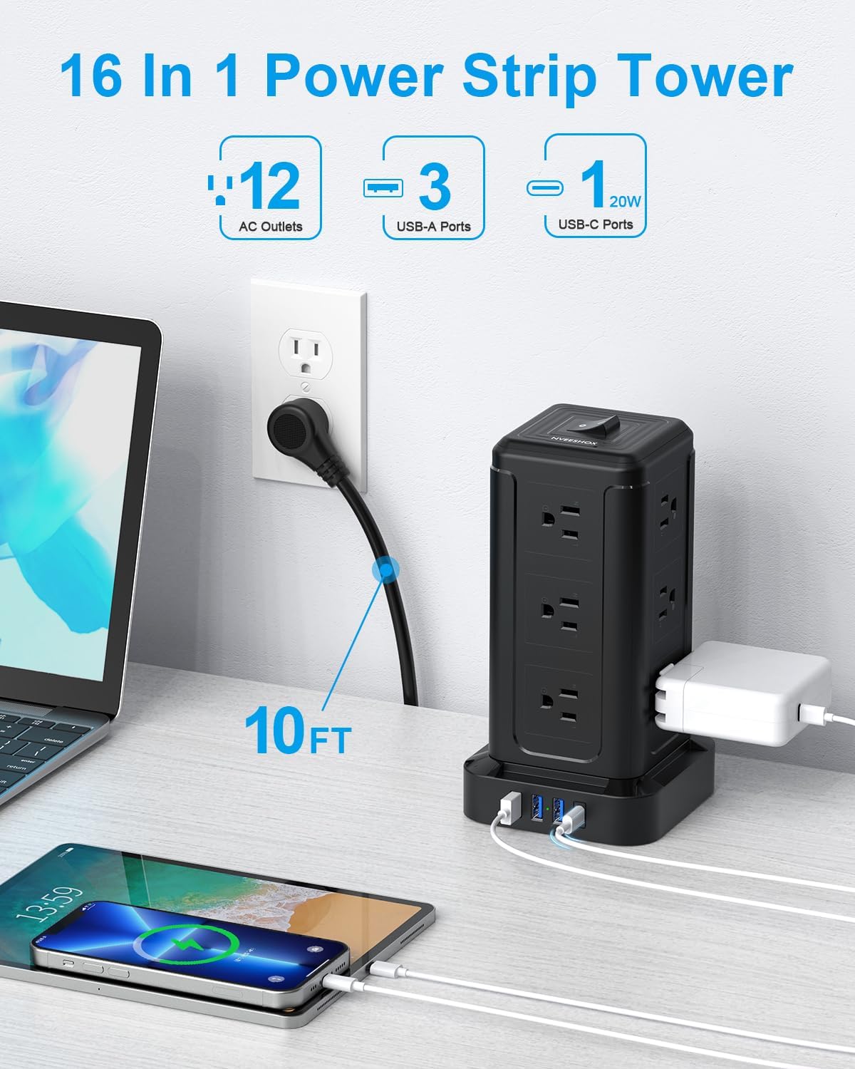 NVEESHOX Surge Protector Power Strip Tower, 10 FT Flat Plug Extension Cord with 12 AC Outlets 4 USB Ports(20W PD Type C), Charging Station with Surge Protection for Family, Office, Dorm