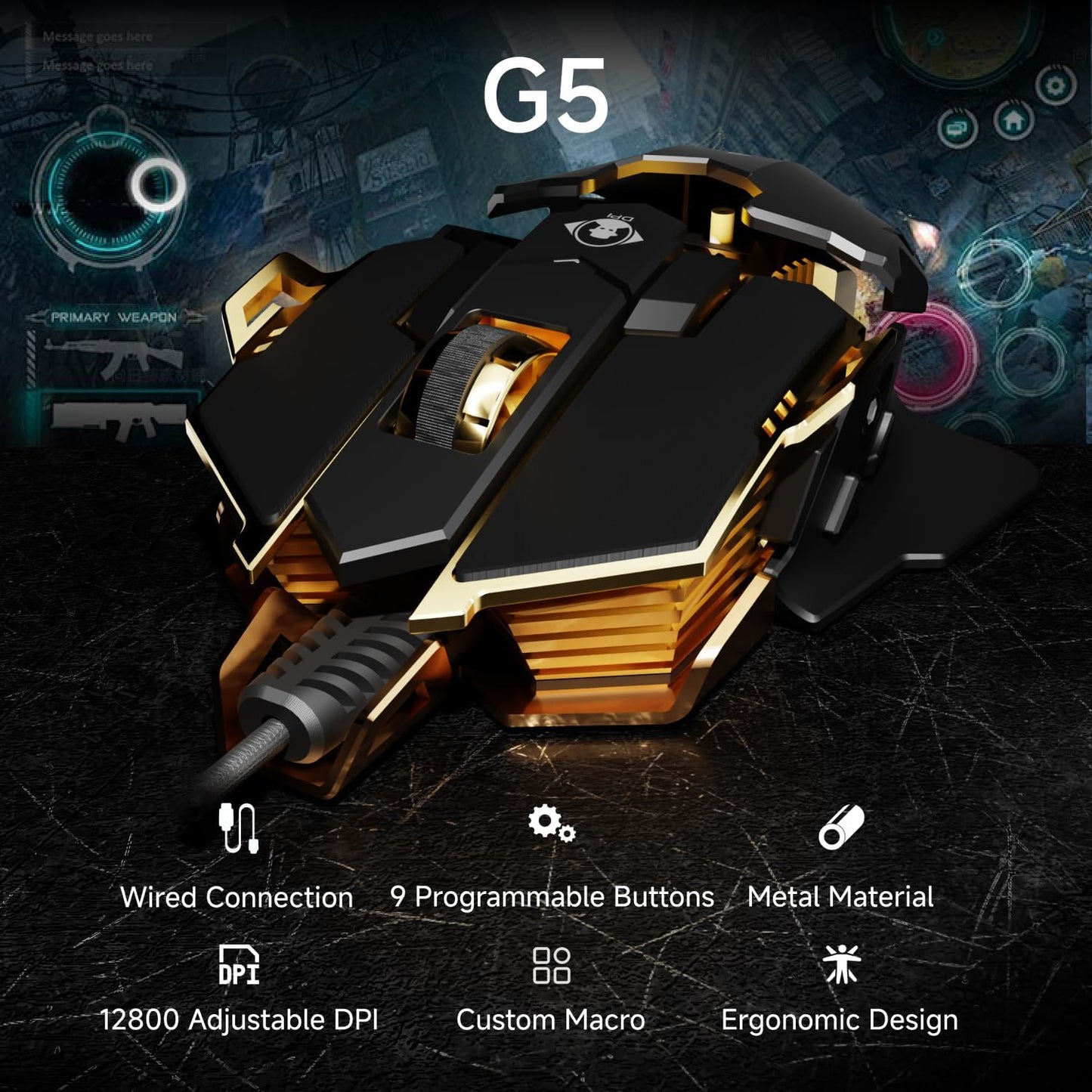 EWEADN G5 Wired Gaming Mouse, Ergonomic RGB Computer Mouse, 12800 Adjustable DPI, 9 Programmable Macro Buttons with Rapid Fire Key Compatible for PC/Laptop/Windows- Black&Gold