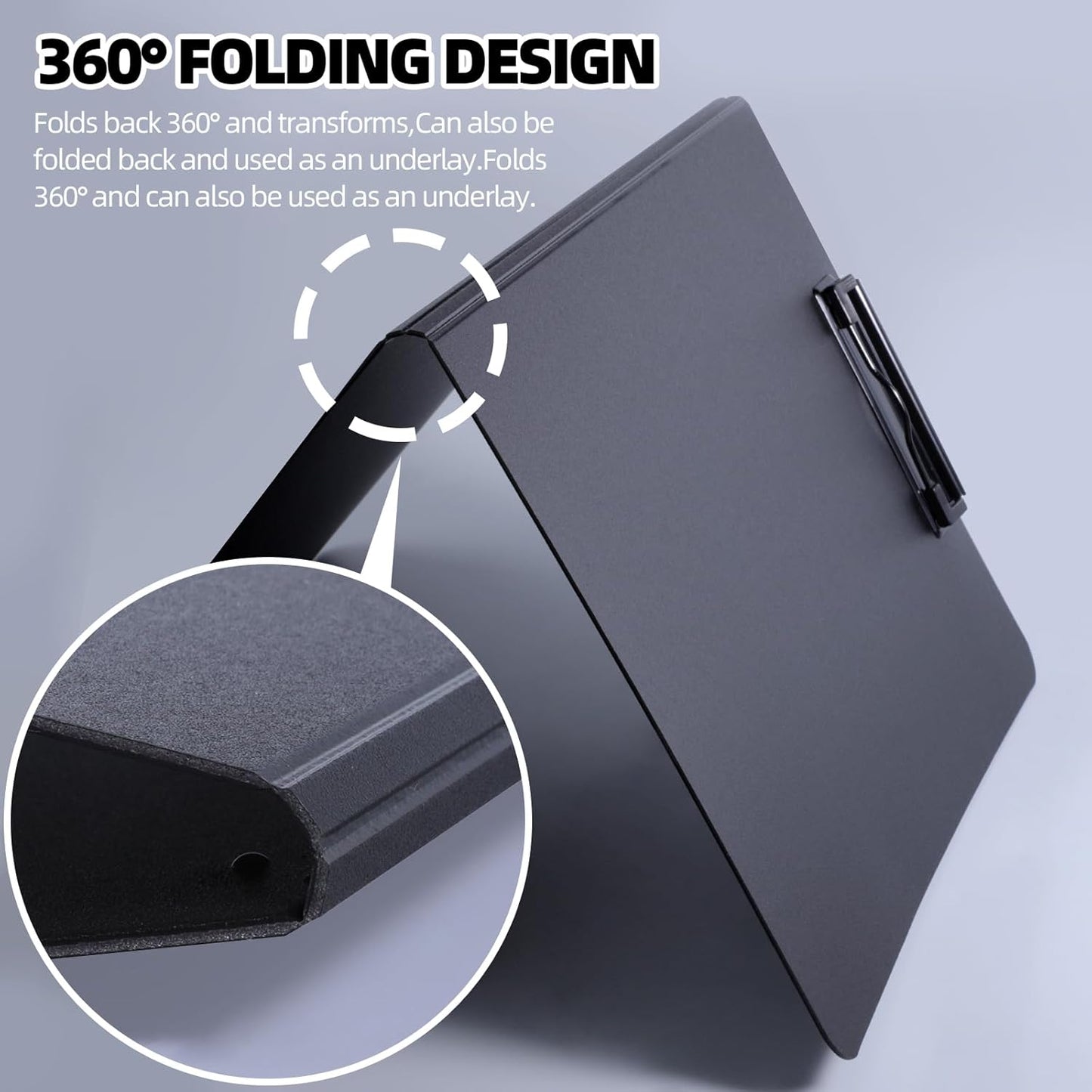 Clipboard Folder, 2 Pcs A4 Foldable Clipboard with Horizontal and Vertical Double Metal Clips, 360 Degree Foldable Binder Clipboards with Pen Holder, File Cover Work Folder Clipboards, Black