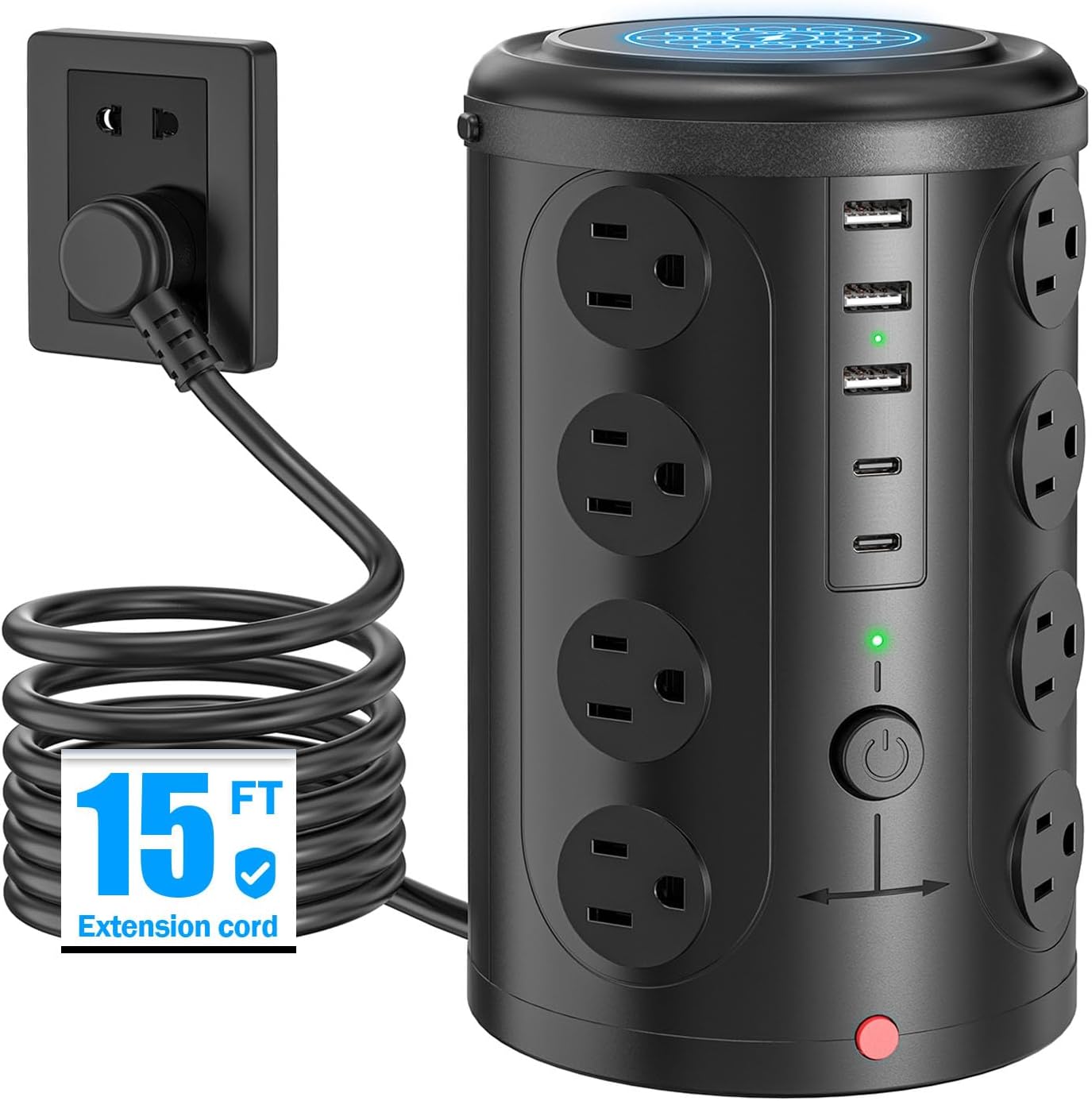 Power Strip Tower Surge Protector with 16 Outlets and 5 USB Ports (2 USB-C), 15FT Extension Cord with Multiple Outlets,Heavy Duty Charging Station,Home Office Dorm Room Essentials.