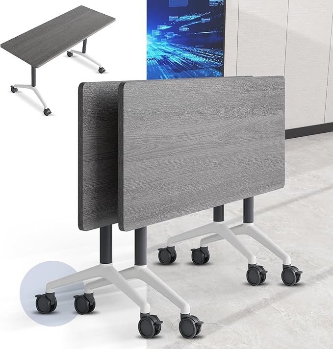 Folding Conference Table, Mobile Training Table for Office Conference, Modern Modular Rectangular Work Desk Meeting Seminar Work Tables with Caster Wheels, Large Breakroom Tables (2Pack L55.1in)