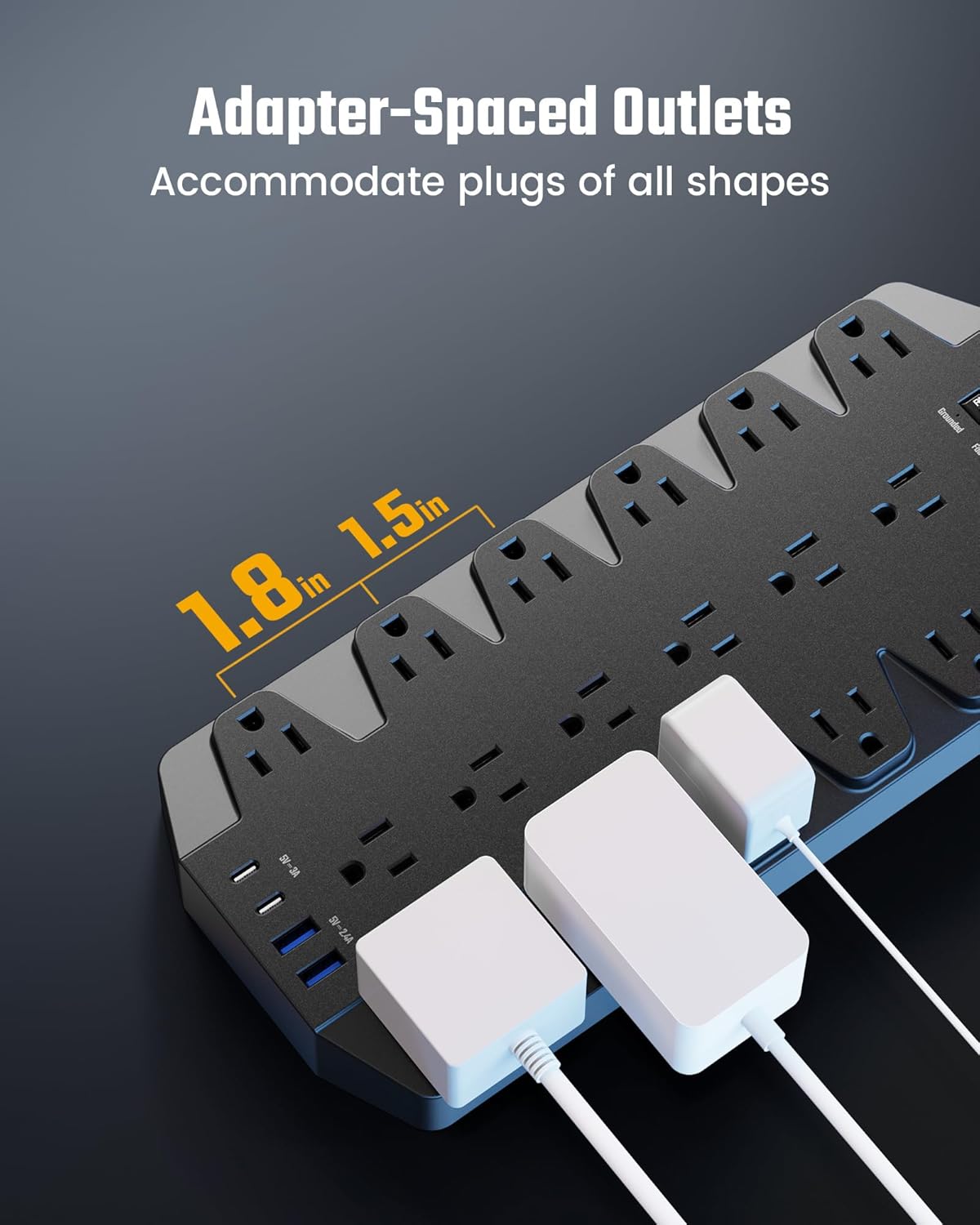 18 Widely Outlets Power Strip, SUPERDANNY Surge Protector with 4 USB Ports, 15FT Flat Plug Heavy Duty Extension Cord, 2100J, 1875W/15A, Wall Mount Holes for Home, Office, Dorm, Black