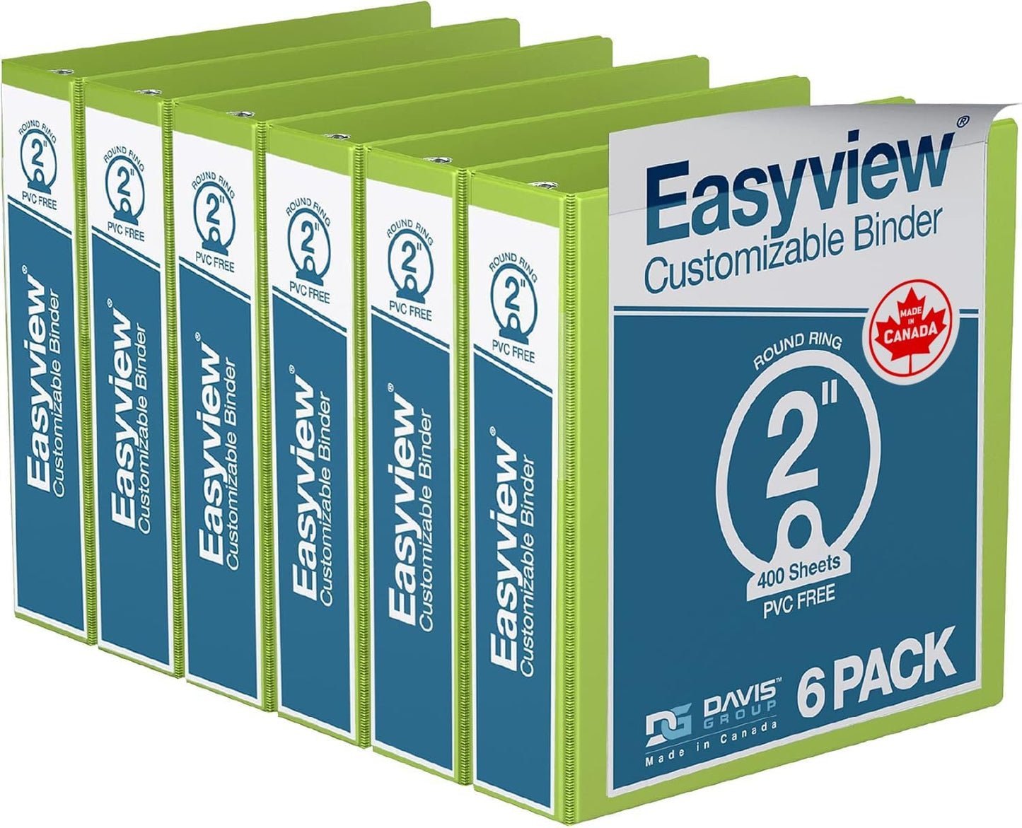 Easyview Premium 3-Ring Binders with Clear-View Covers and Round Rings, Binders for School or Office, 2 Inch, Pack of 6, Lime Green