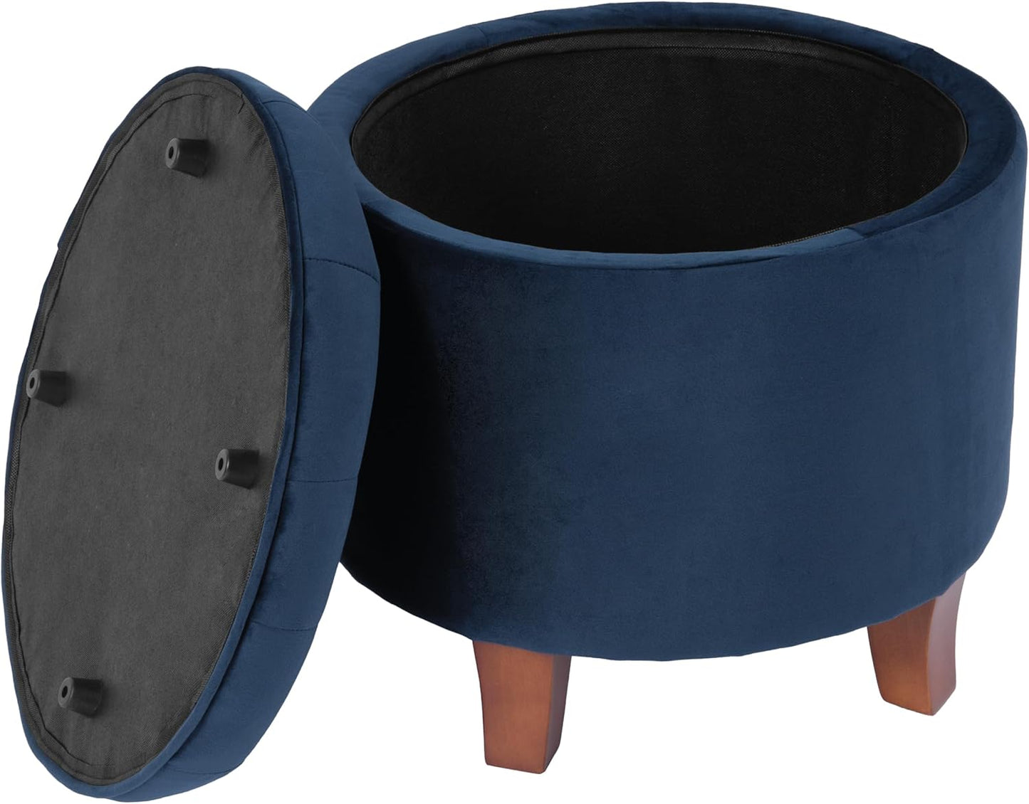 HomePop by Kinfine Fabric Upholstered Round Storage Ottoman - Velvet Button Tufted Ottoman with Removable Lid, Navy Blue