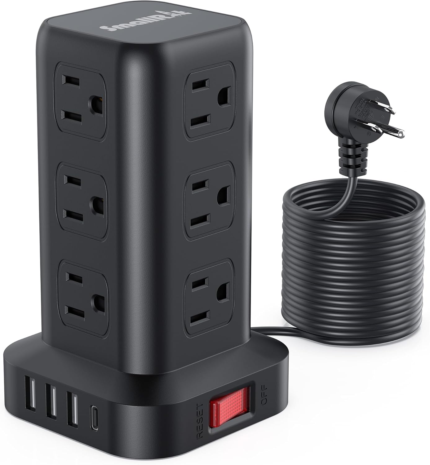 15FT USB C Power Strip Surge Protector Tower, Mini Power Strip Tower Travel 12 AC 4 USB Power Strip with USB Ports, Overload Protection for Home Office