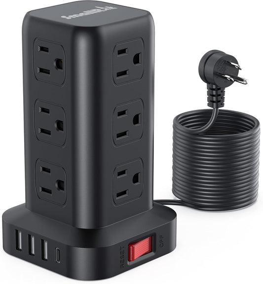 15FT USB C Power Strip Surge Protector Tower, Mini Power Strip Tower Travel 12 AC 4 USB Power Strip with USB Ports, Overload Protection for Home Office